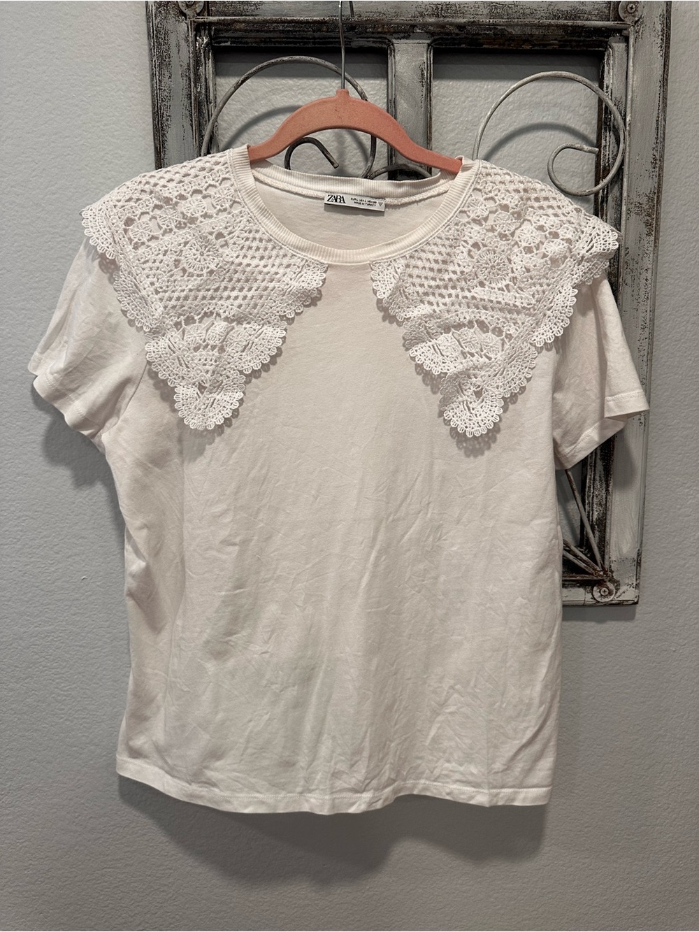 ZARA White Crochet Collar Short Sleeve Top